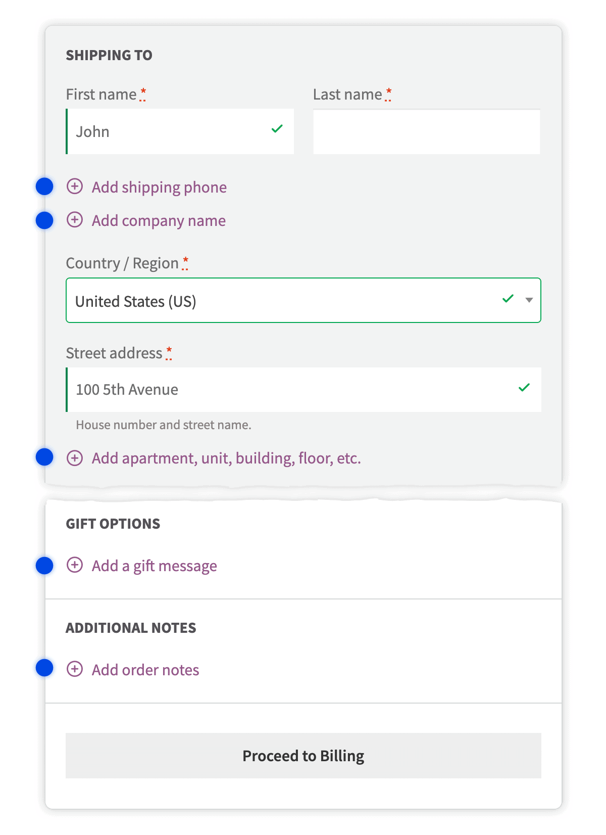 Checkout with optional fields hidden behind Add links