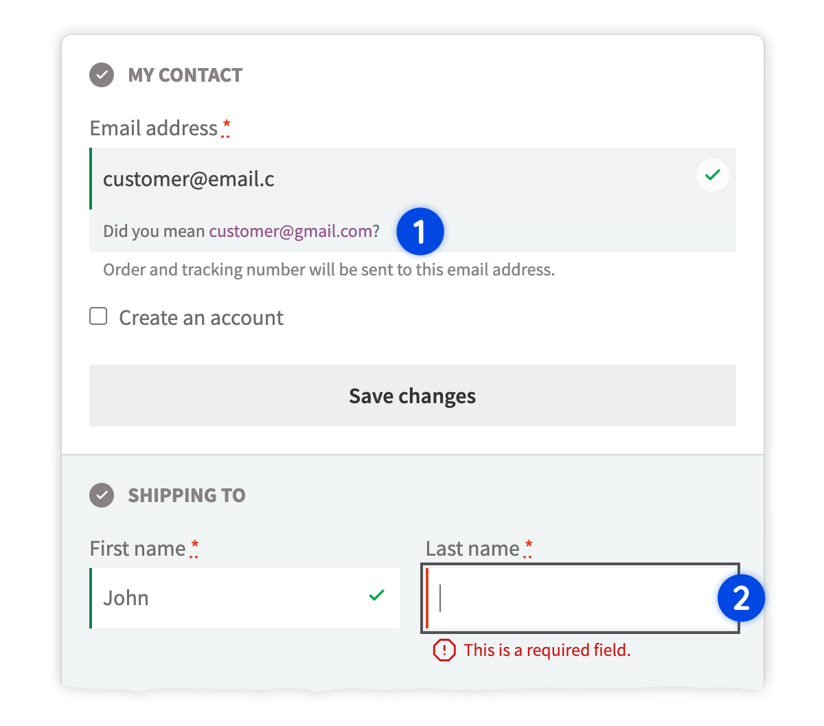 Checkout fields showing instant validation feedback