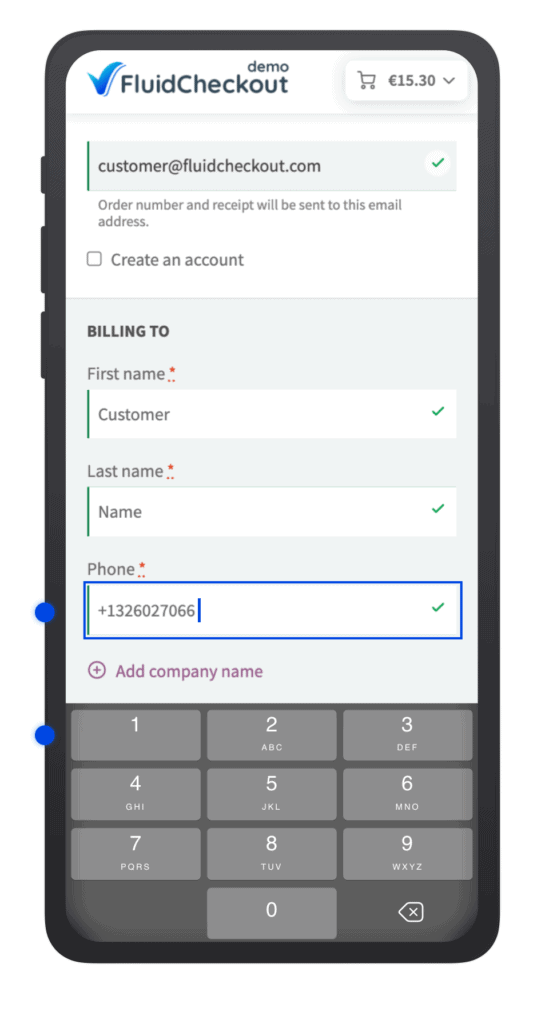 Mobile phone with numeric keyboard open and the phone field in focus