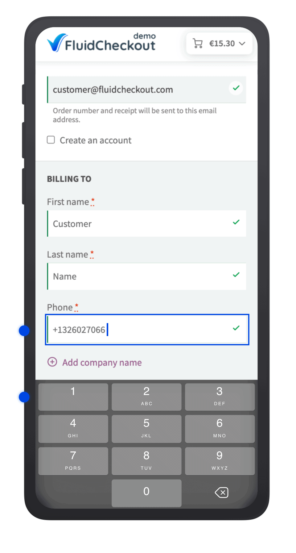 Mobile checkout with the numeric keyboard open on the phone field