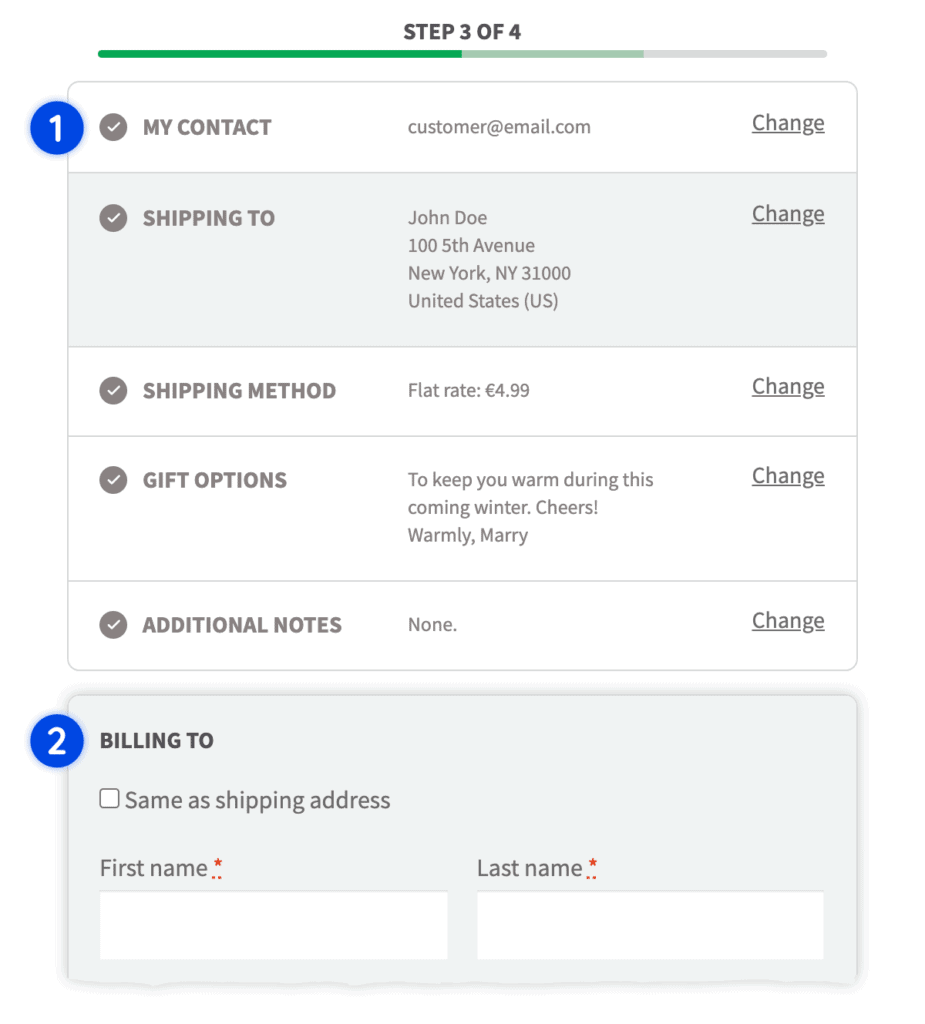 Screenshot of contact and shipping steps showing the customers data saved from previous interaction on those steps.