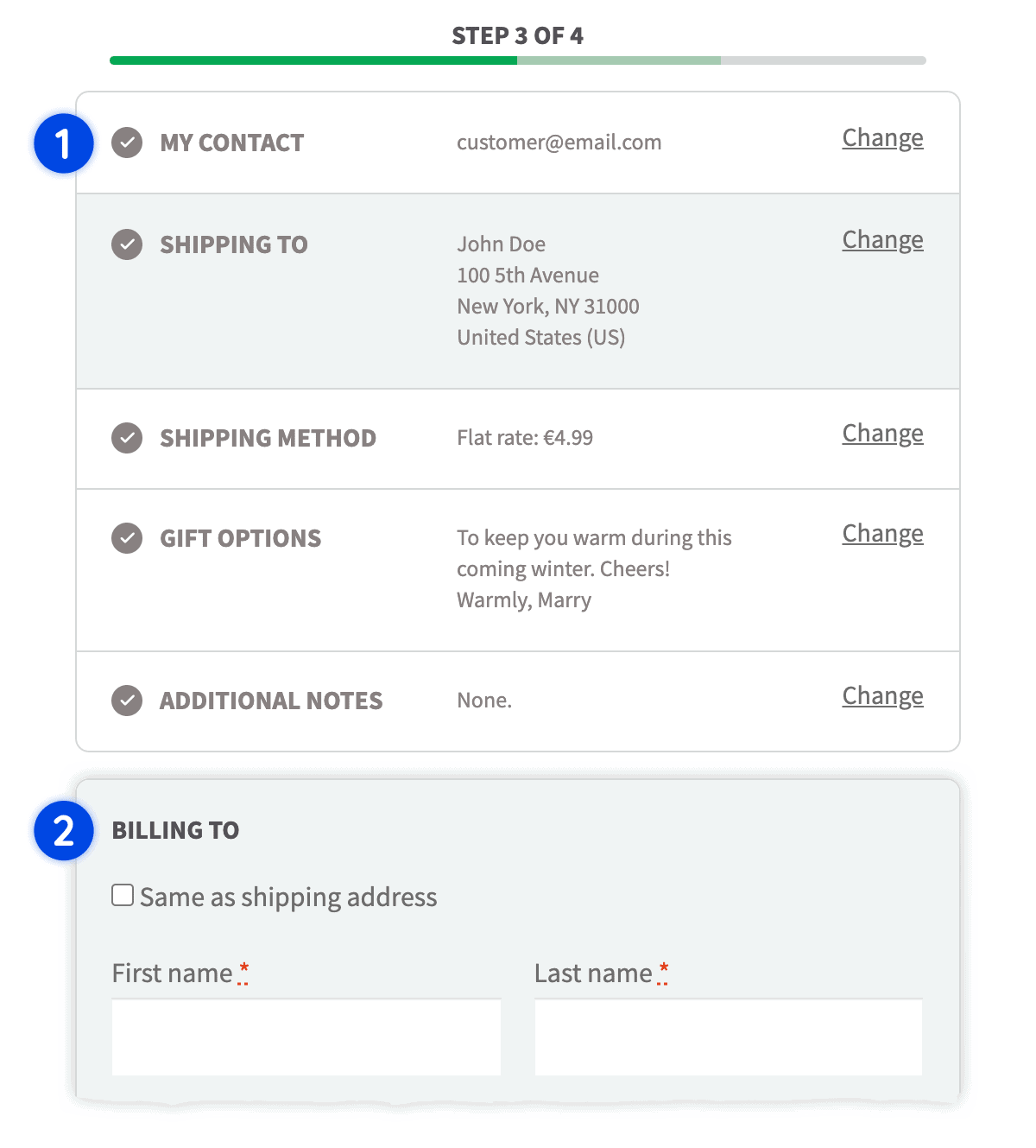 Contact and shipping steps showing customer data saved from a previous visit