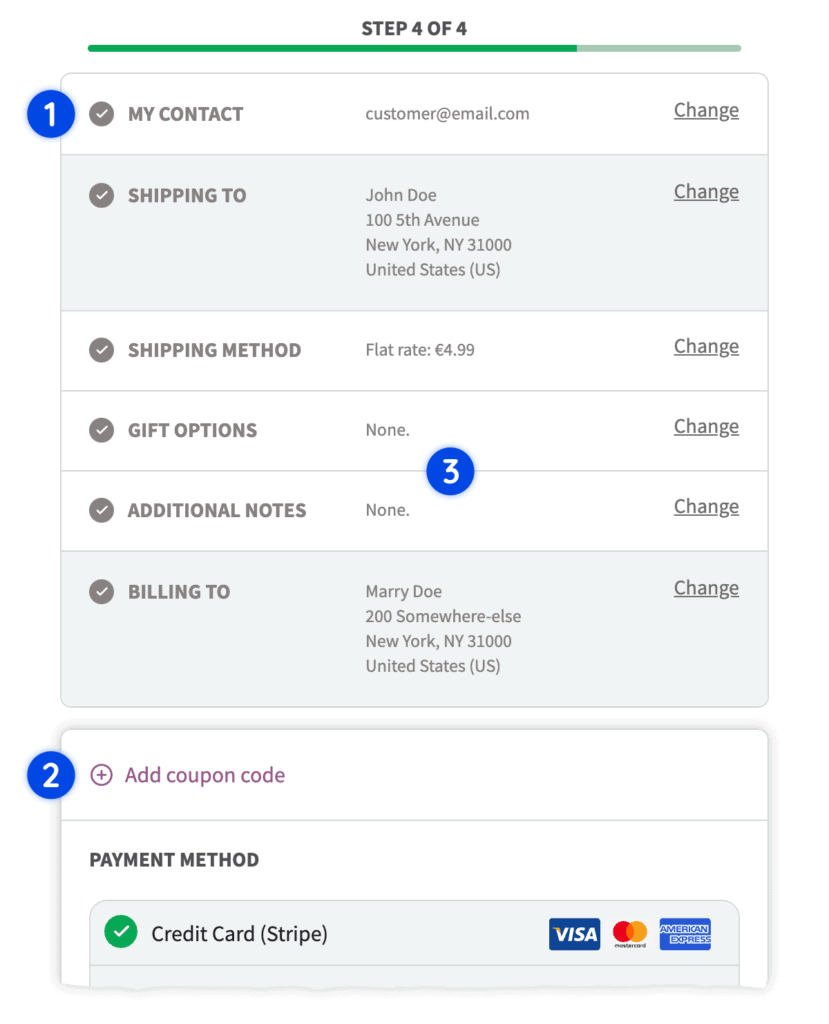 Screenshot showing contact, shipping and billing steps closed as it would be displayed for returning customers, skipping straight to the payment step.
