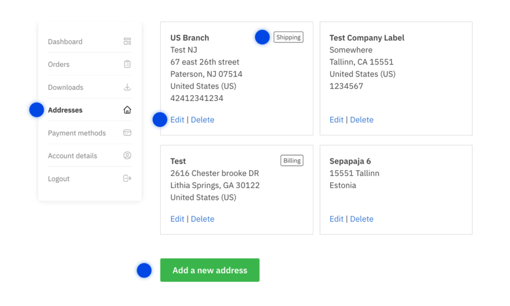 Screenshot showing the saved addresses with options to add a new address, edit, delete or and set an address as default for shipping or billing