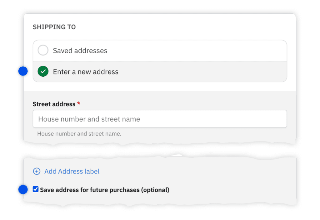 Screenshot showing the option to save a new address from the checkout page