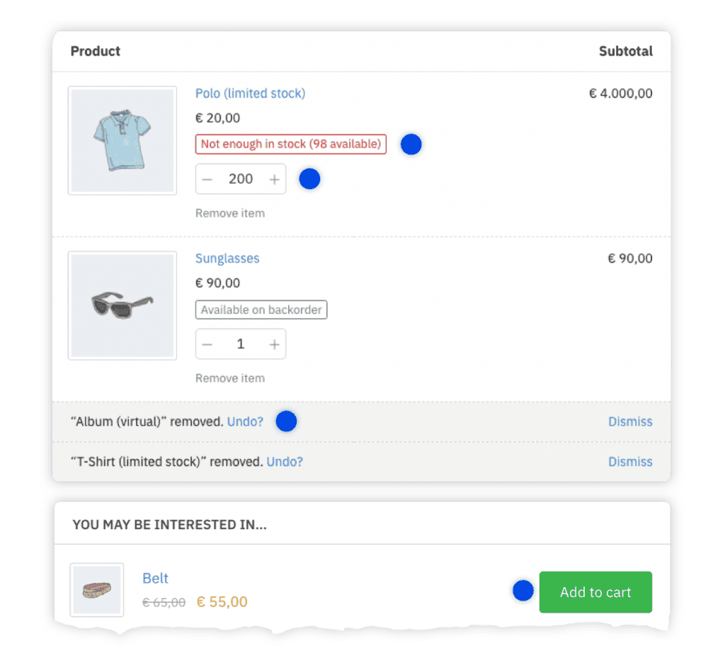 Screenshot showing the cart actions that trigger updating the cart totals