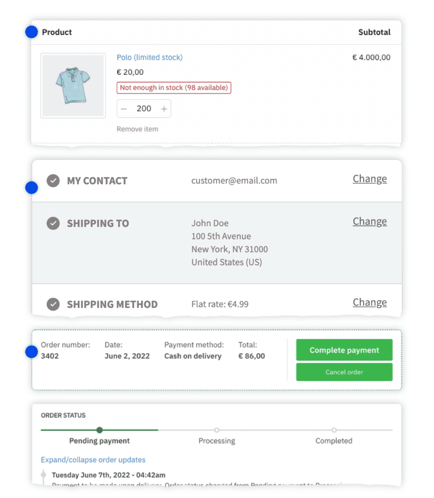 Screenshots showing the cart, checkout and order details pages