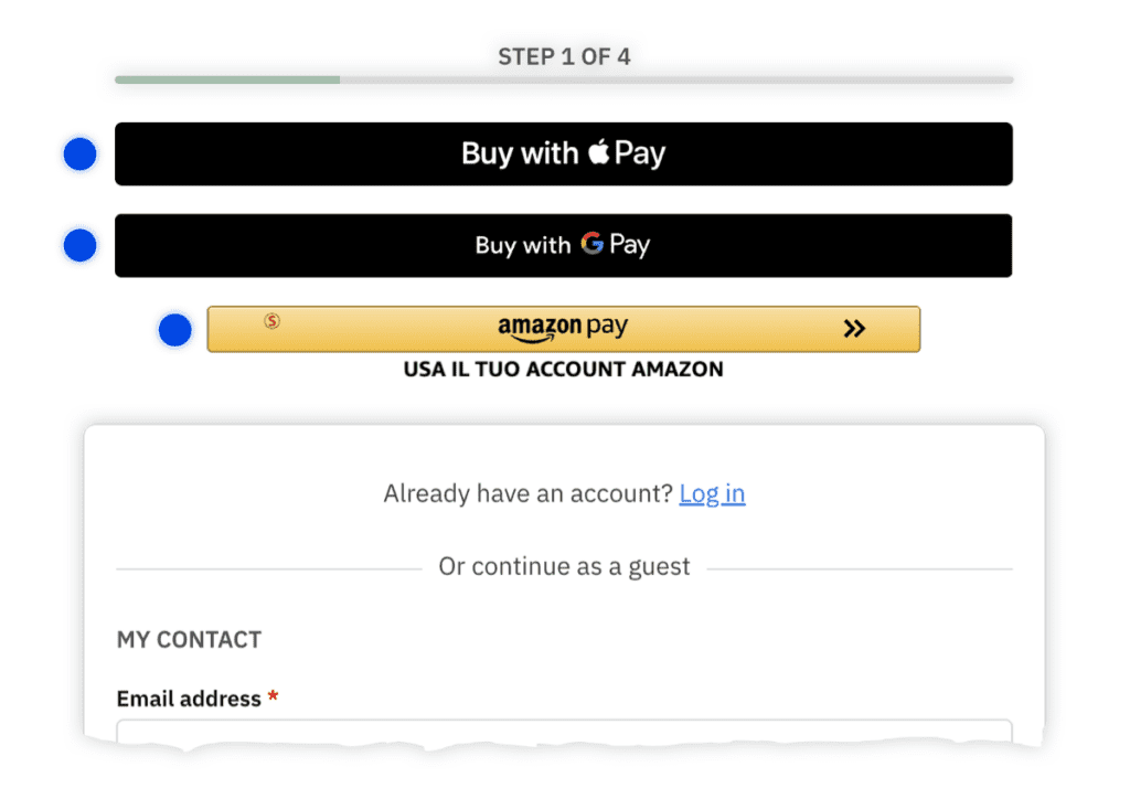 Apple Pay, Google Pay and Amazon express checkout buttons displayed on the checkout page