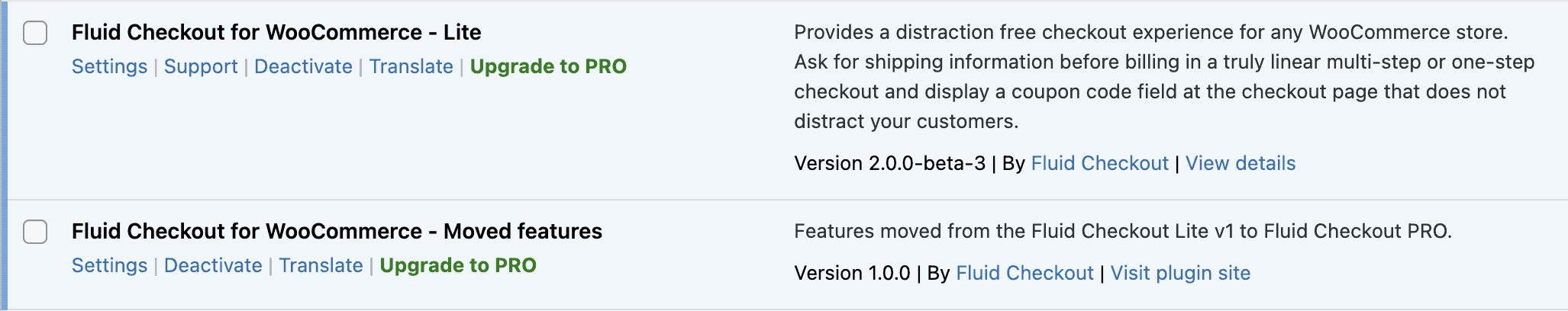 Fluid Checkout plugins on the plugin list after update to version 2.0
