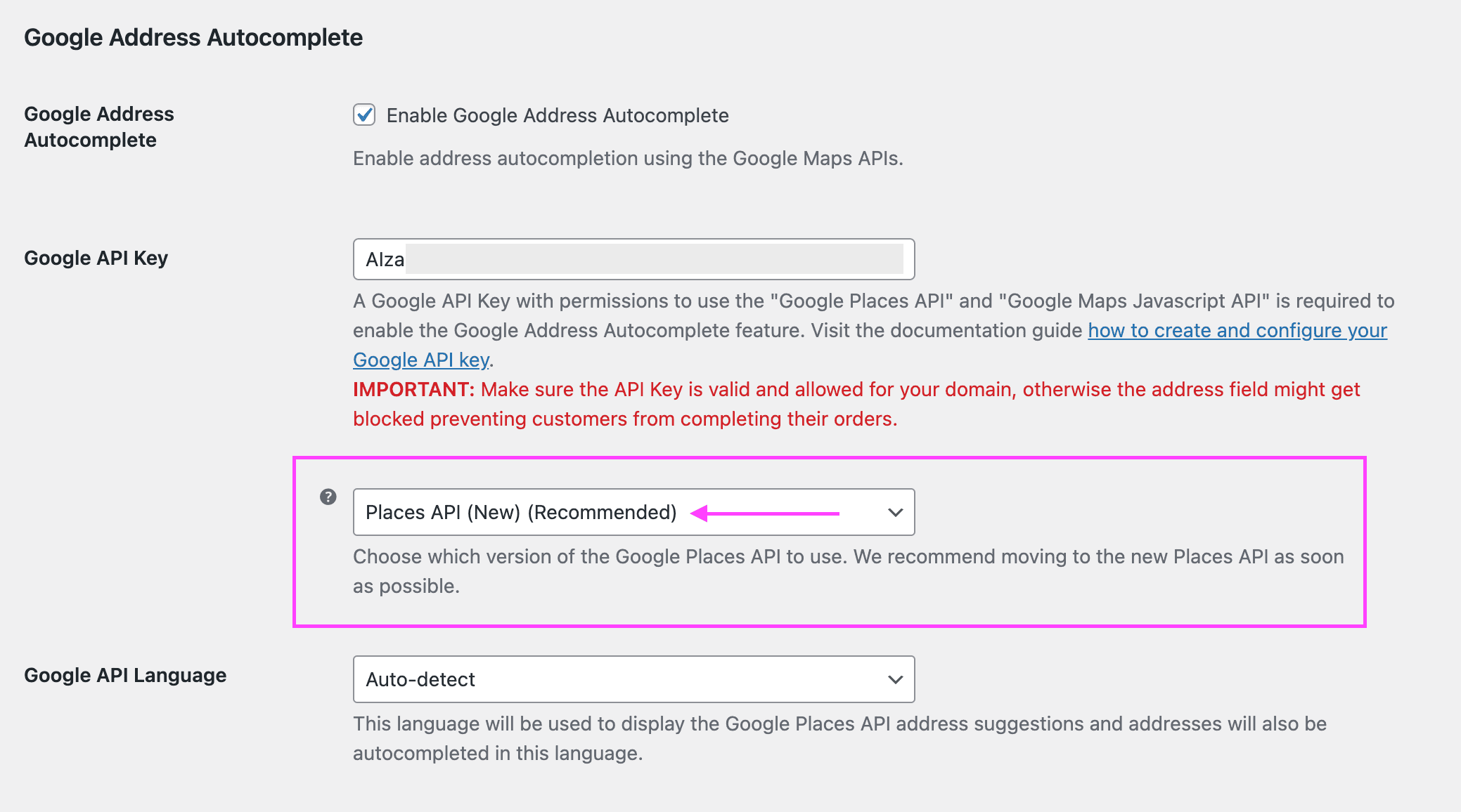 Screenshot of the plugin settings for the Google Address Autocomplete, showing the option to choose the version of the Google Places API.