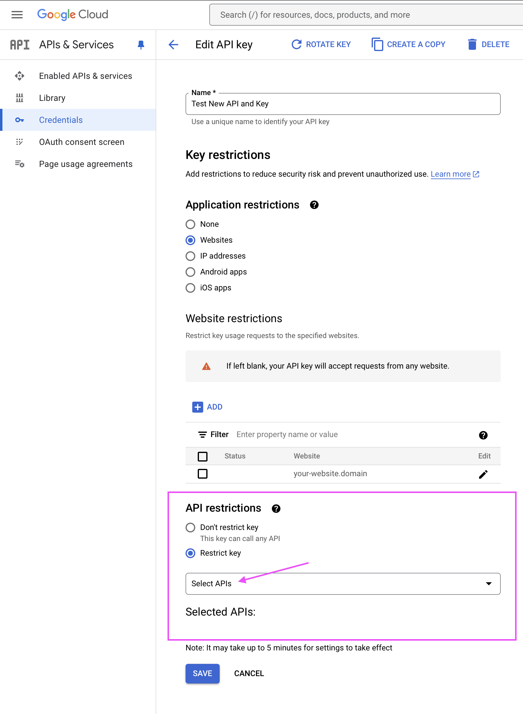 API key edit screen showing the location of the "API restrictions" options and the dropdown field "Select APIs".