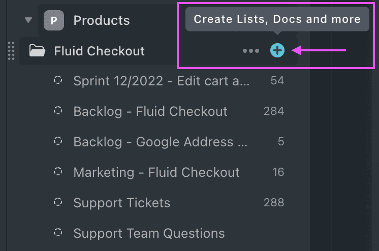 Screenshot of the ClickUp workspace and project folders showing the option to create a new item in the project.