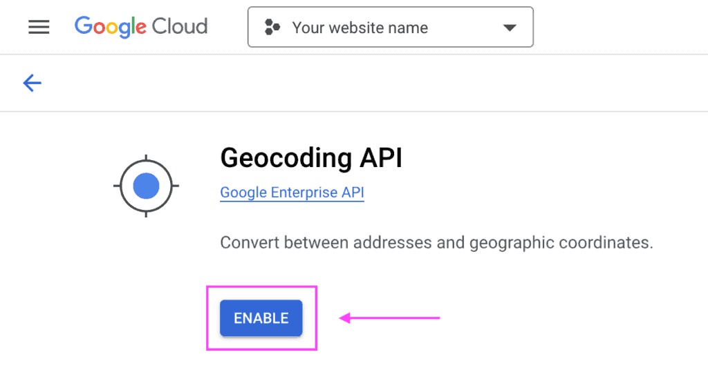 API library details screen for the Geocoding API showing the location of the option "Enable".