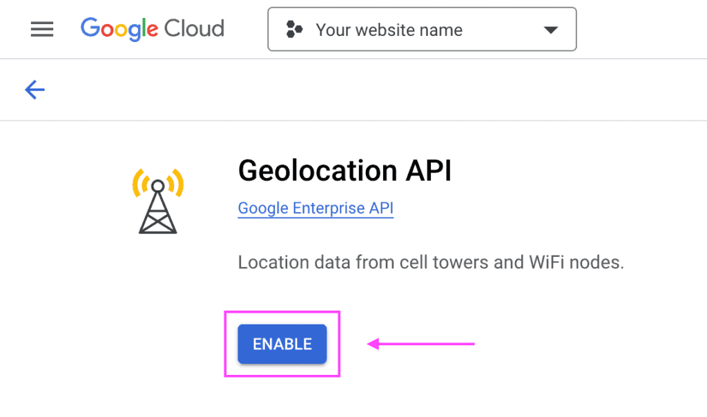 API library details screen for the Geolocation API showing the location of the option "Enable".