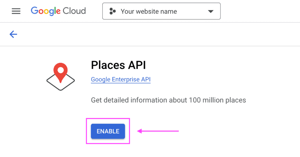 API library details screen for the Places API showing the location of the option "Enable".