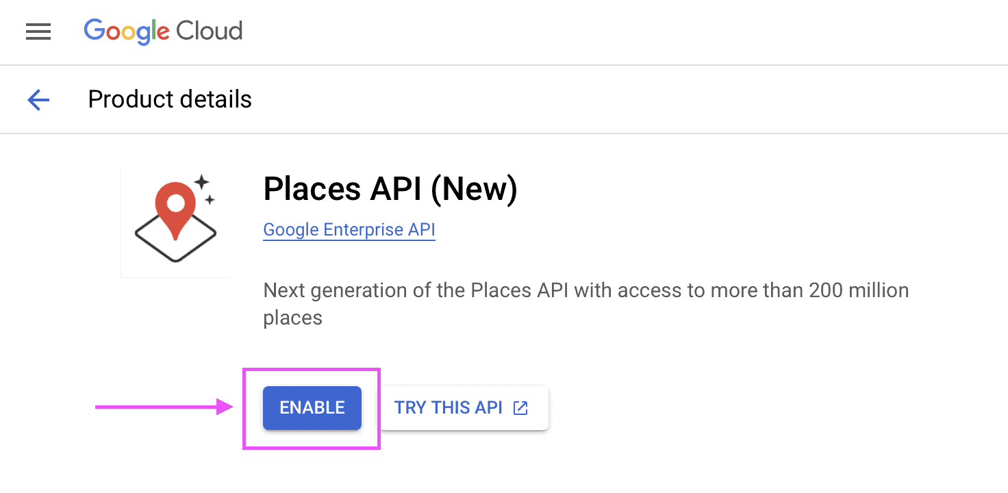 API library details screen for the Places API (New) showing the location of the option "Enable".