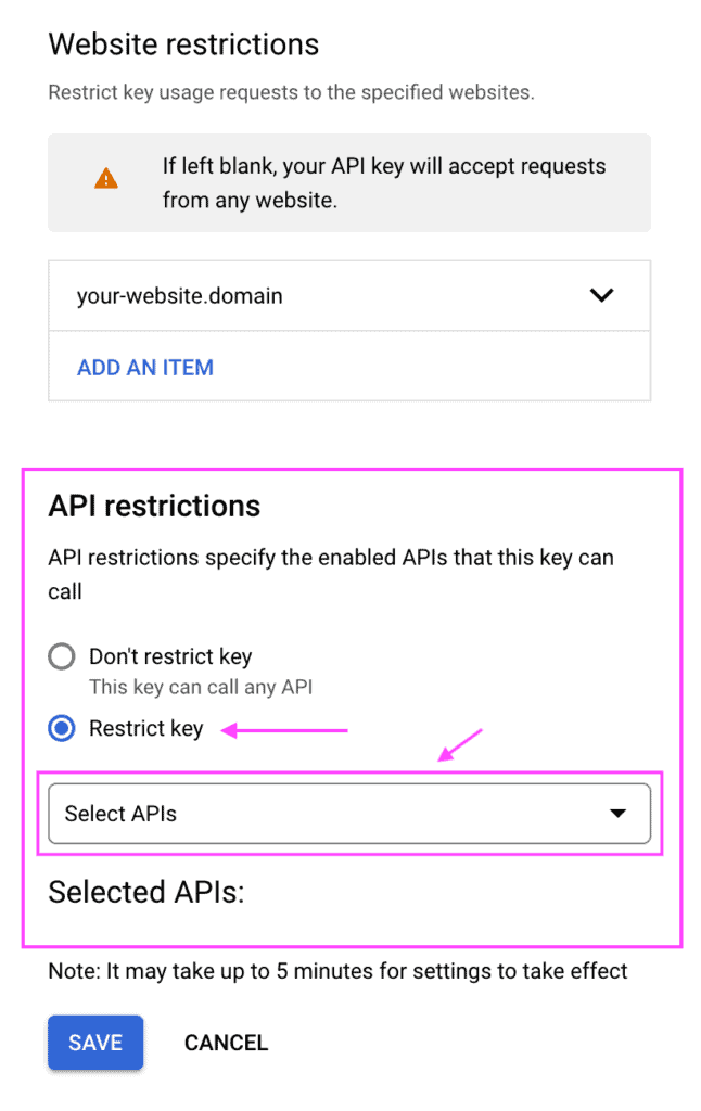 API key edit screen showing the location of the "API restrictions" options, the option "Restrict key" and the field "Select APIs".