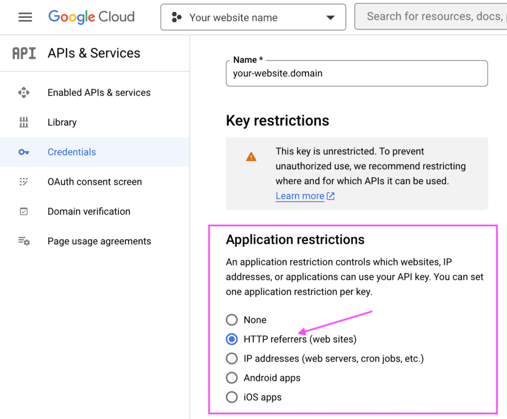 API key edit screen showing the location of the "Application restrictions" options and the option "HTTP referrers (web sites)".