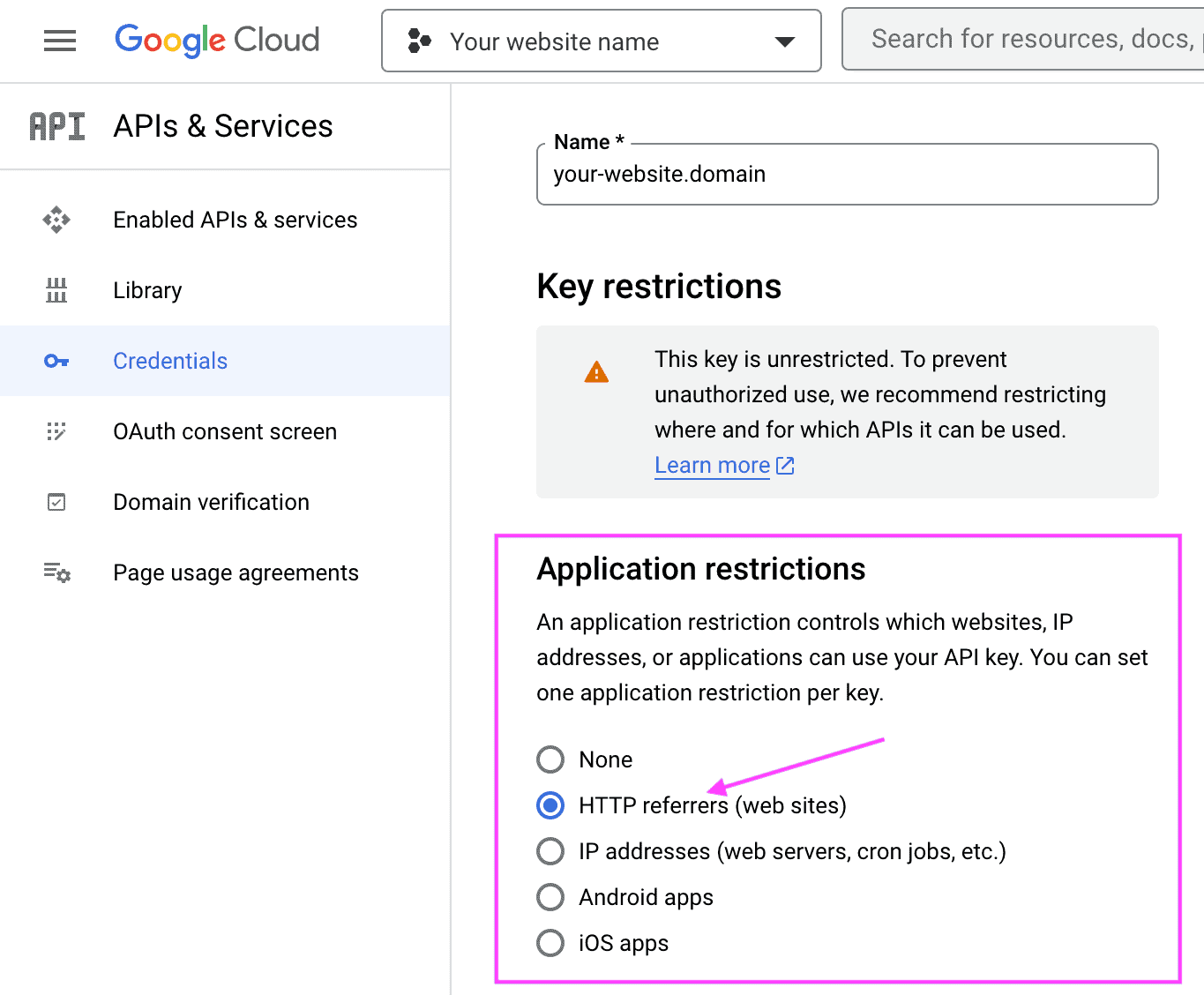 API key edit screen showing the location of the "Application restrictions" options and the option "HTTP referrers (web sites)".