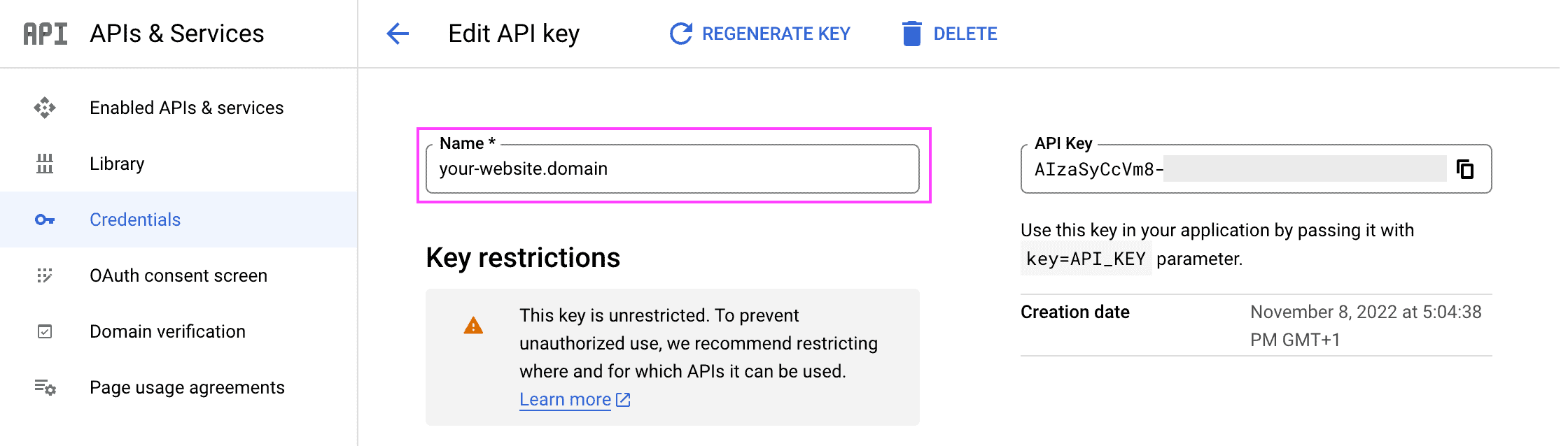 Edit API key page showing the location of the API key name field.