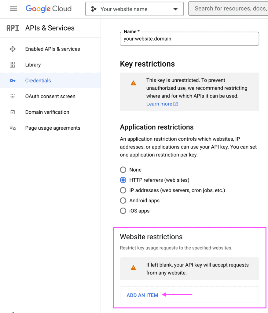 API key edit screen showing the location of the "Website restrictions" options and the option to "Add an item".
