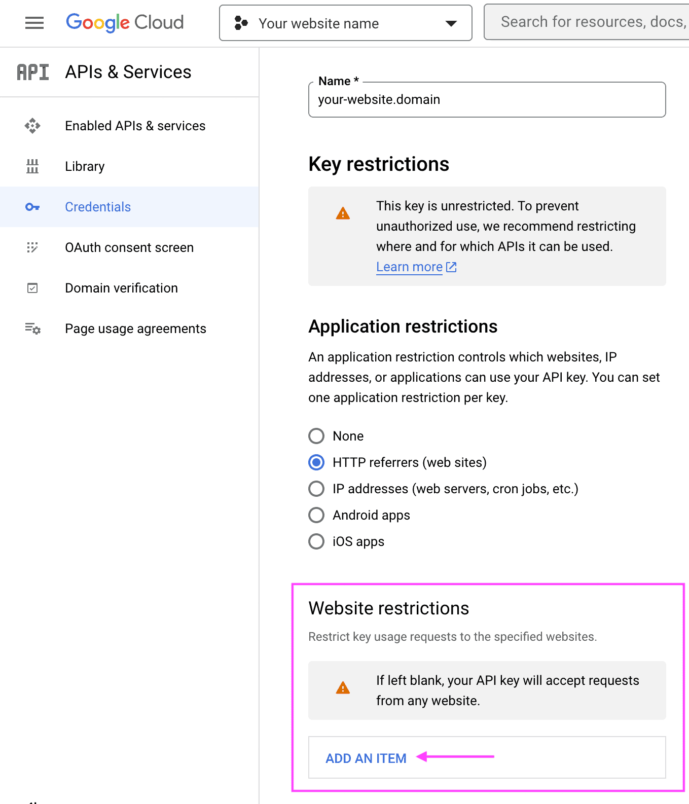 API key edit screen showing the location of the "Website restrictions" options and the option to "Add an item".