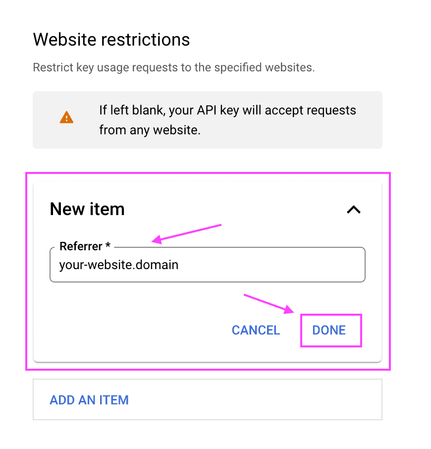 API key edit screen showing the "Website restrictions" sections with the "New item" form open and the location of the option "Done".
