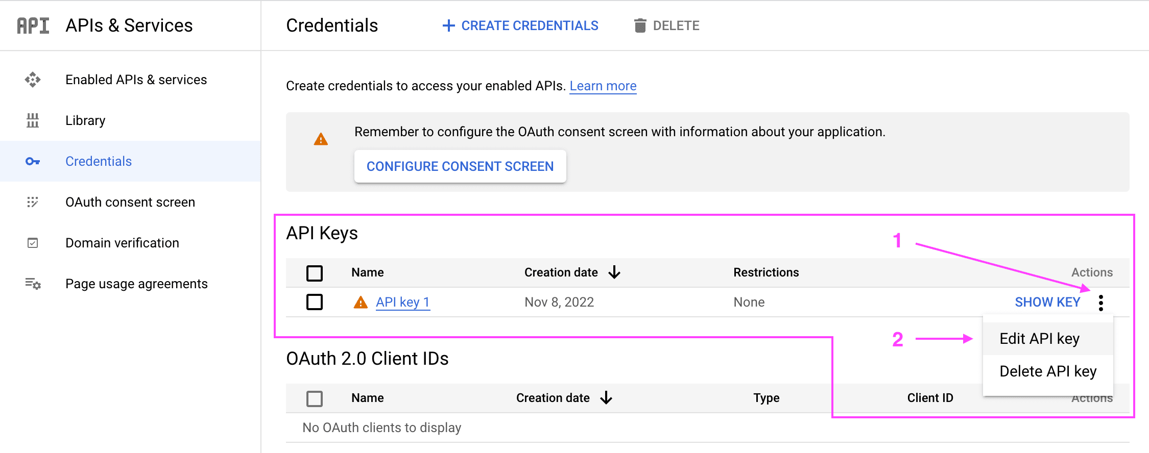 Google Cloud platform credentials page showing the location of the option to edit an existing API key.