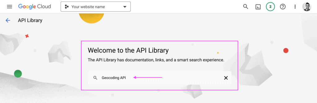 API library search screen showing the search term for "Geocoding API".