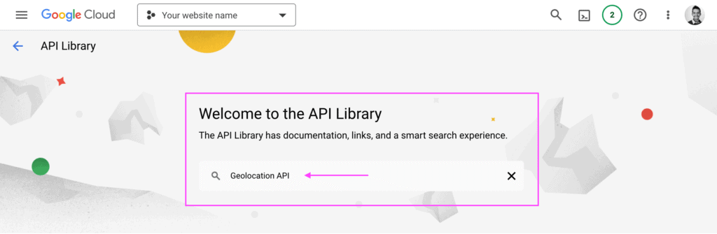 API library search screen showing the search term for "Geolocation API".