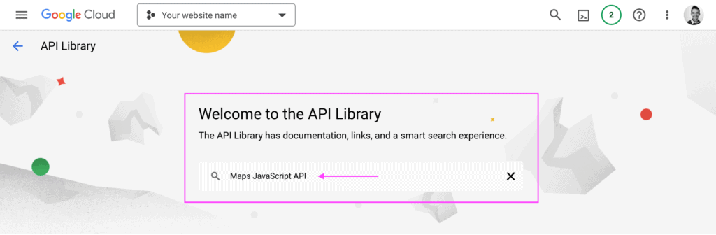 API library search screen showing the search term for "Maps JavaScript API".