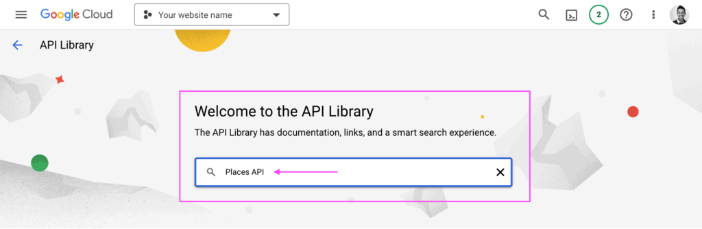 API library search screen showing the search term for "Places API".