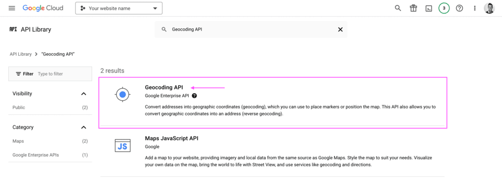 API library search results screen showing the result item "Geocoding API".
