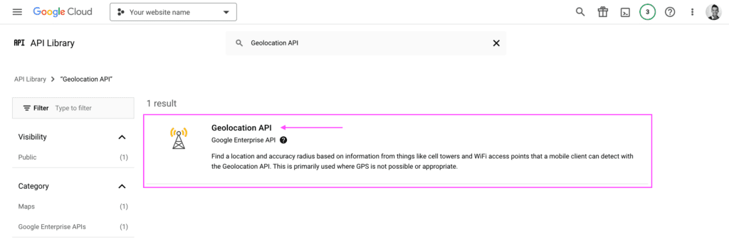 API library search results screen showing the result item "Geolocation API".