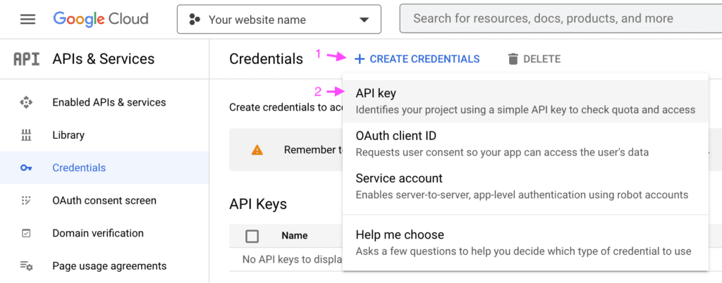 Google Cloud platform menu inside the credentials screen showing the location of the option "Create Credentials > API key".