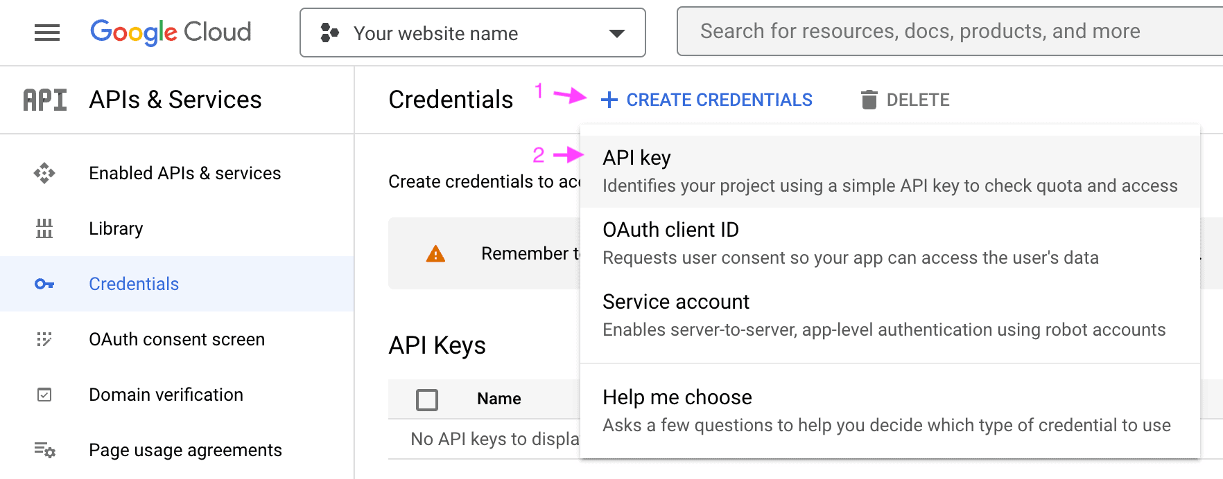 Google Cloud platform menu inside the credentials screen showing the location of the option "Create Credentials > API key".