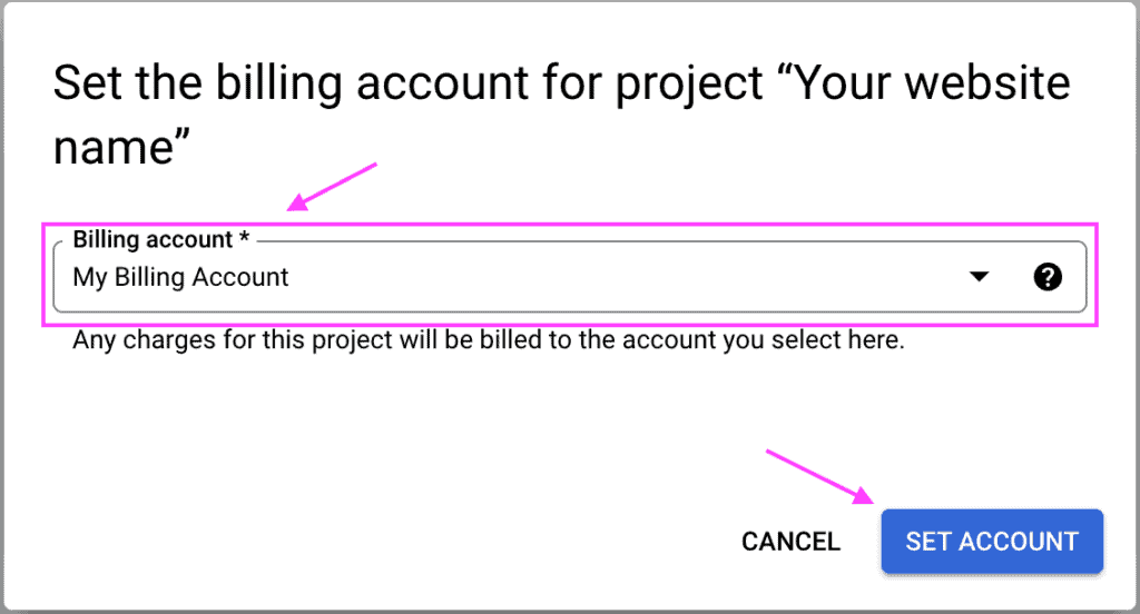 Billing account selection popup screen of the Google Cloud platform, showing a billing account selected and the option to set account.