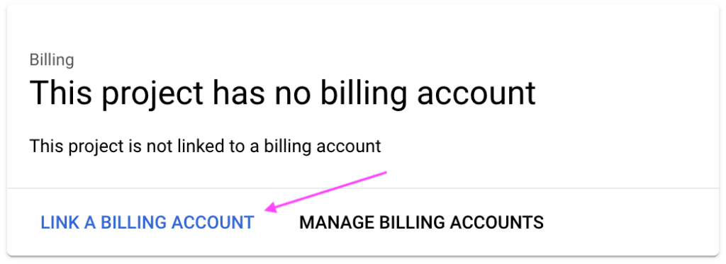 Billing account selection popup screen of the Google Cloud platform, showing the option to link a billing account.