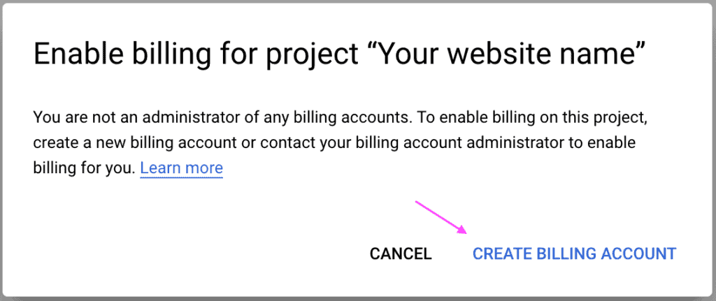 Billing account selection popup screen of the Google Cloud platform, showing the option to create a new billing account.