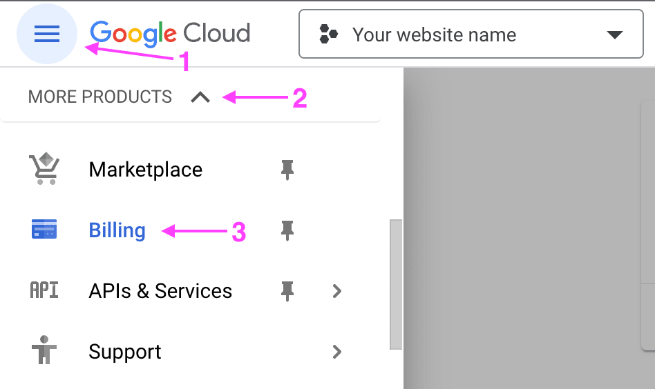 Google Cloud platform menu showing the location of the option "Billing".
