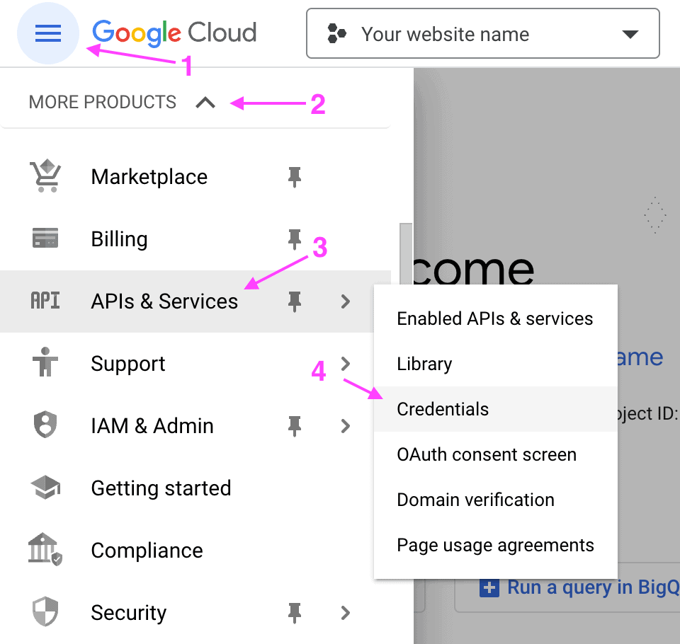 Google Cloud platform menu showing the location of the option "Credentials".