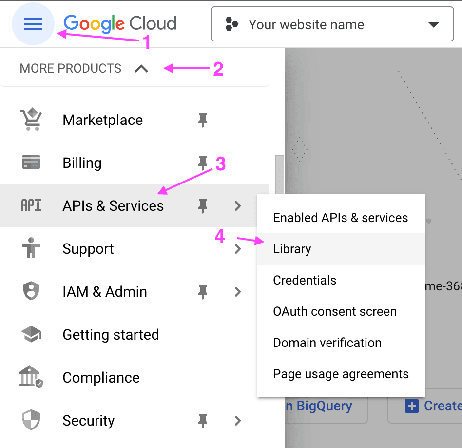 Google Cloud platform menu showing the location of the option "(API) Library".