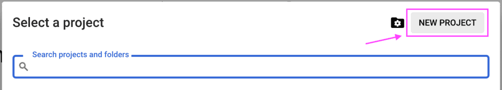 Popup screen "Select a project" showing the location of the option "New project".