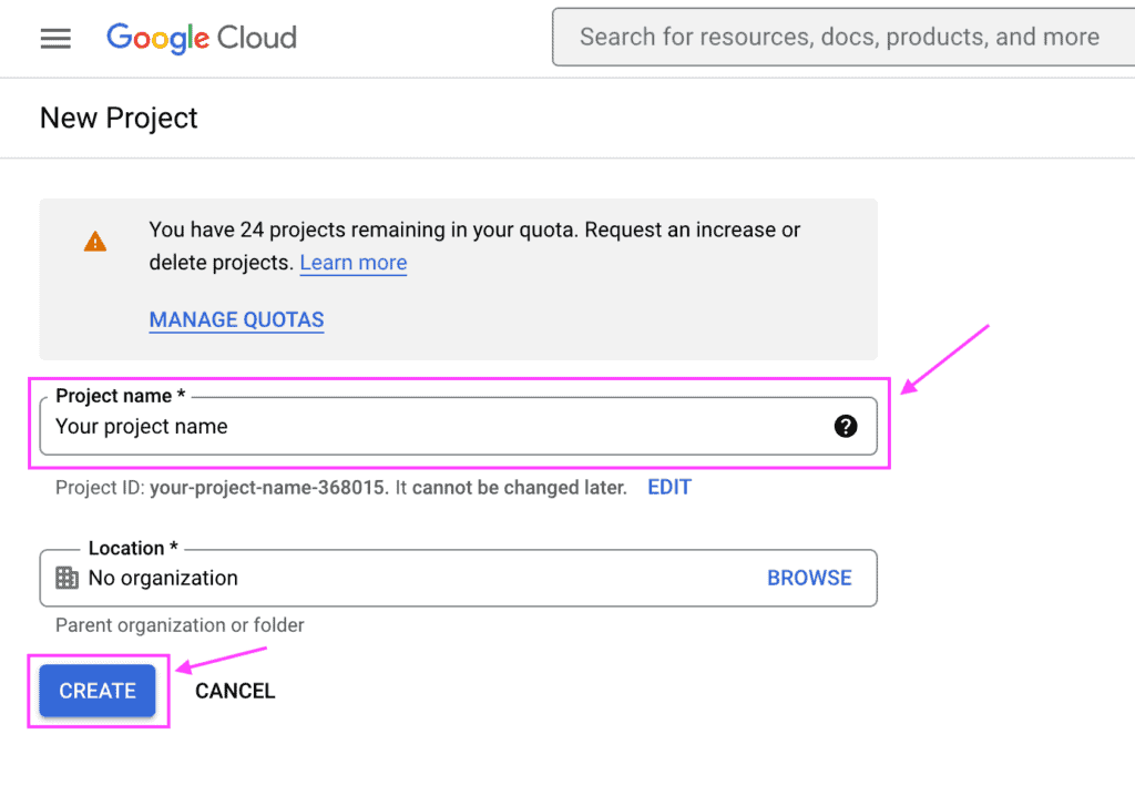 New project page on the Google Cloud platform showing which fields and options to use when creating a new project.