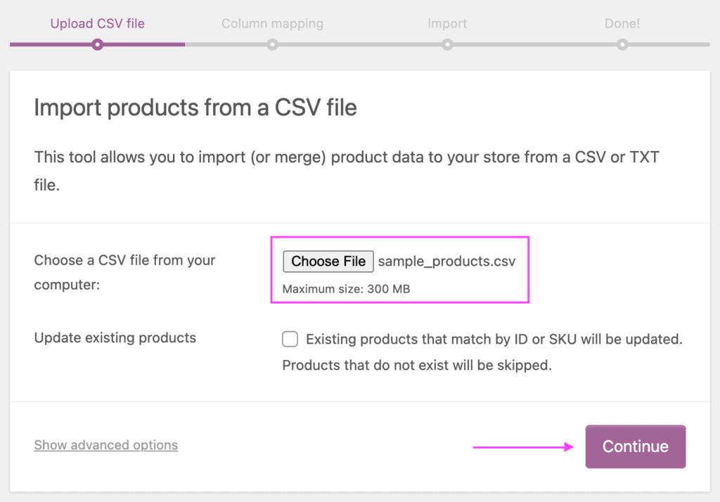 WooCommerce import products tool, showing the location of the file selection field and the "Continue" button.