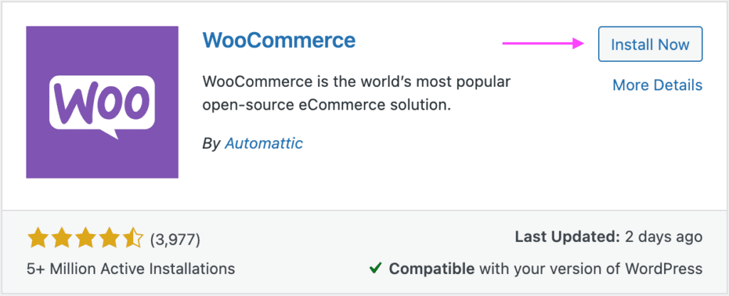 WooCommerce on the WordPress plugin search results, showing the location of the "Install Now" button.