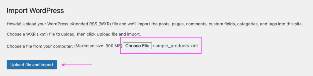 WordPress data import tool, showing the location of the file selection field and the "Upload file and import" button.