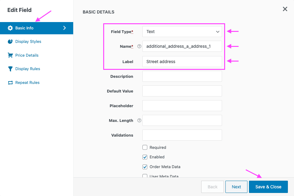 Screenshot of the edit field popup, showing the street address field attributes.