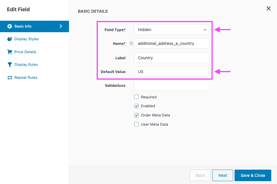 Screenshot of the edit field popup, showing the country field attributes and default field value, when adding it as a hidden field.