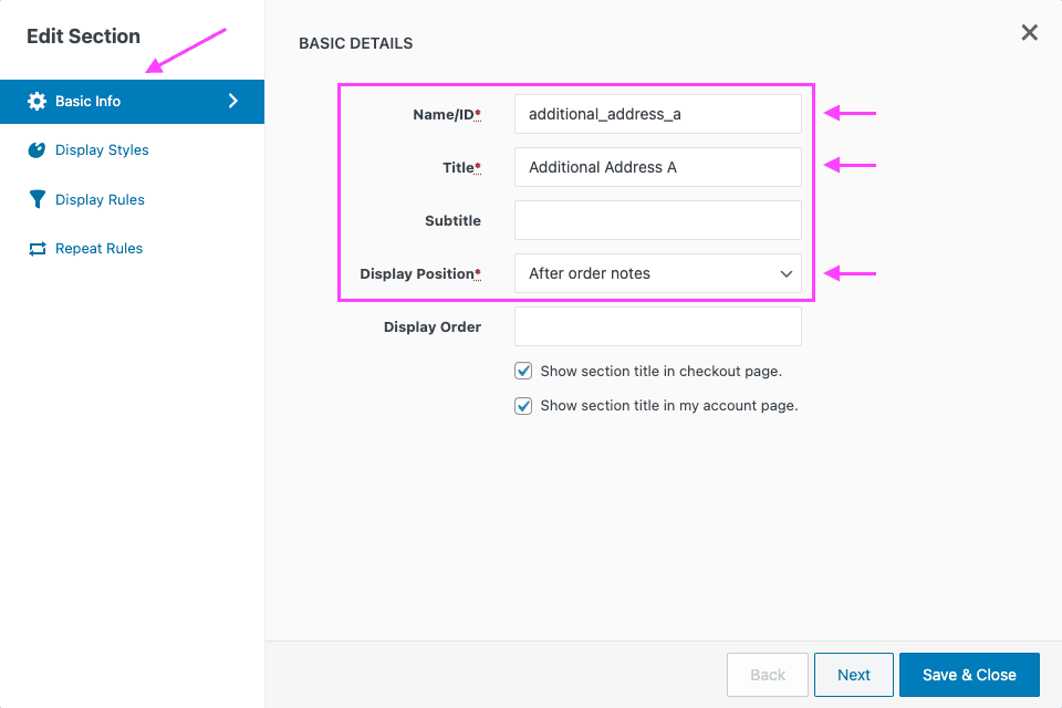 Screenshot of the edit section popup, showing the attributes of the custom address section in the basic info tab.